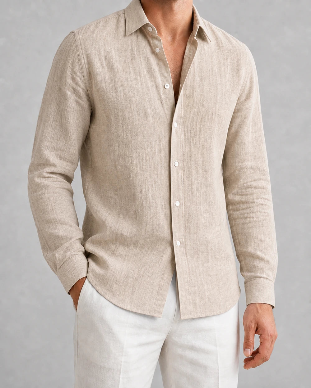 Men's beige breathable long-sleeve summer shirt, front variant view.