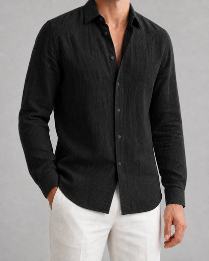 Men's black breathable long-sleeve summer shirt, front variant view.