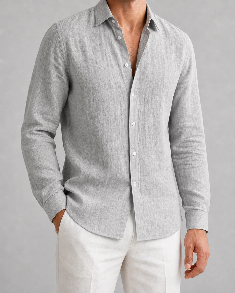 Men's grey breathable long-sleeve summer shirt, front variant view.