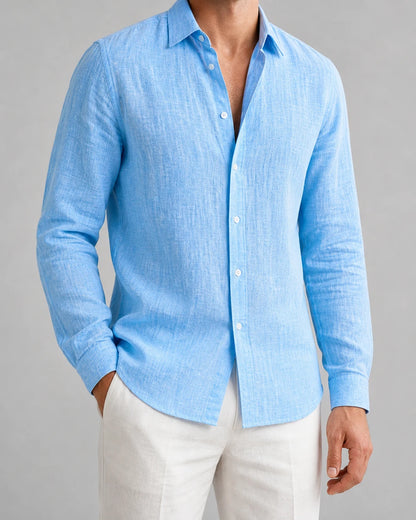 Men's light blue breathable long-sleeve summer shirt, product-first front view.