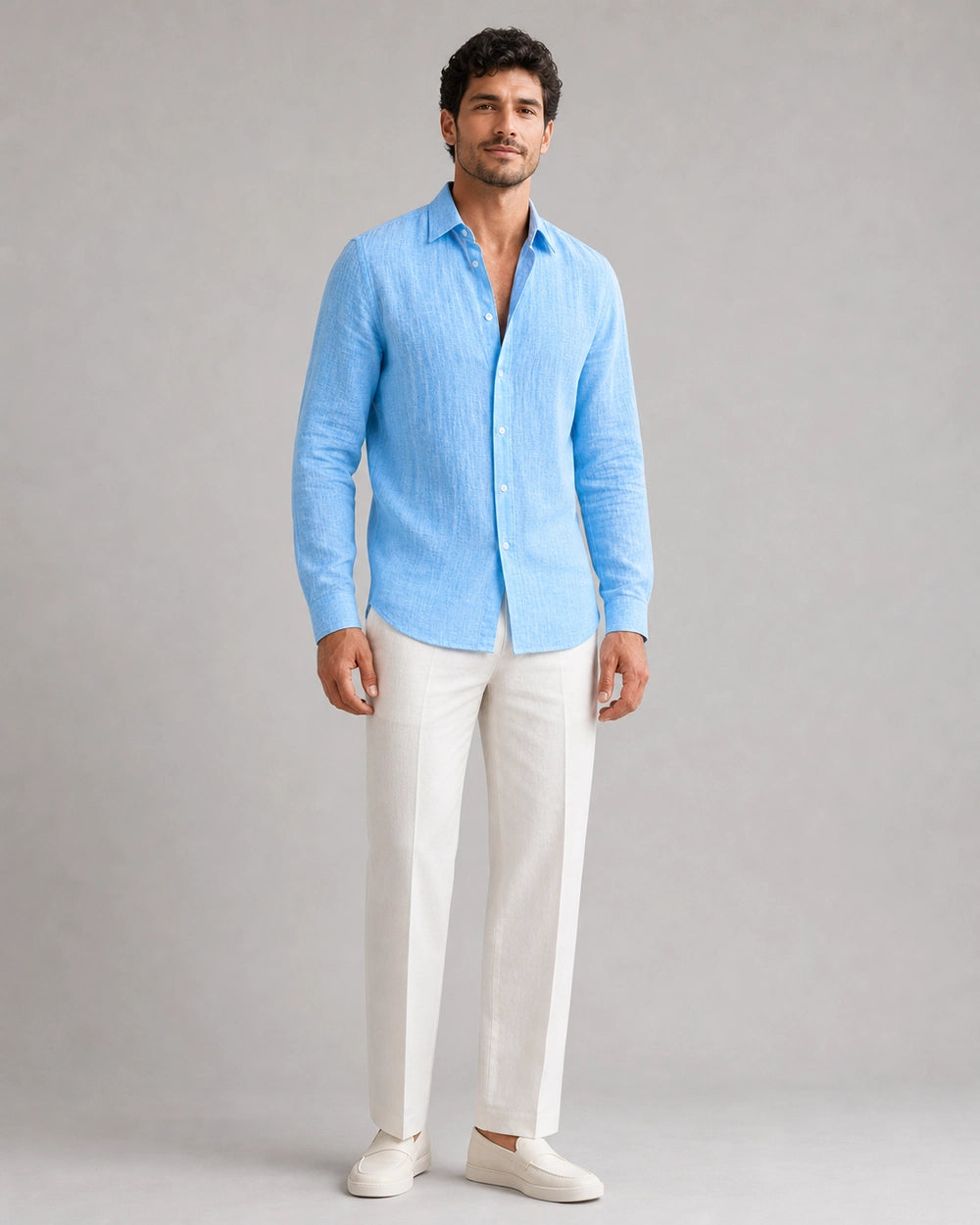 Men's light blue breathable long-sleeve summer shirt, full-length fit view.