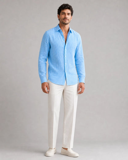 Men's light blue breathable long-sleeve summer shirt, full-length fit view.