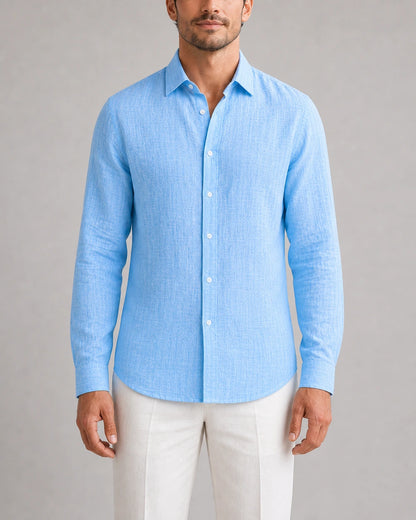Men's light blue breathable long-sleeve summer shirt, straight front view.