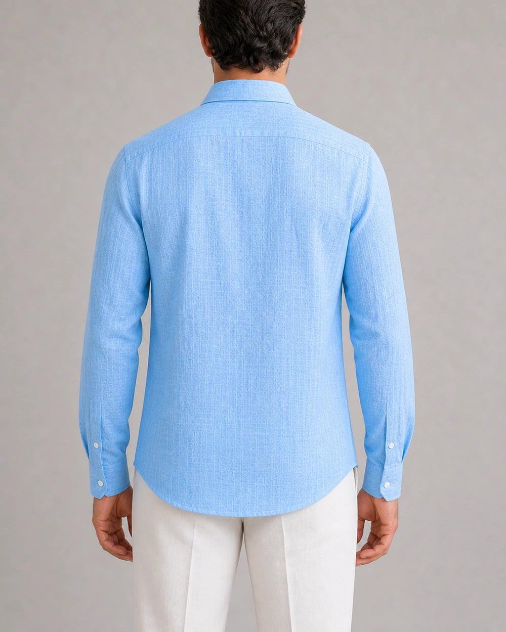 Men's light blue breathable long-sleeve summer shirt, true rear view.