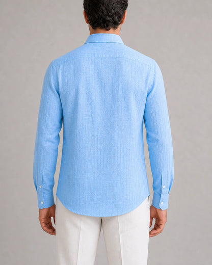 Men's light blue breathable long-sleeve summer shirt, true rear view.