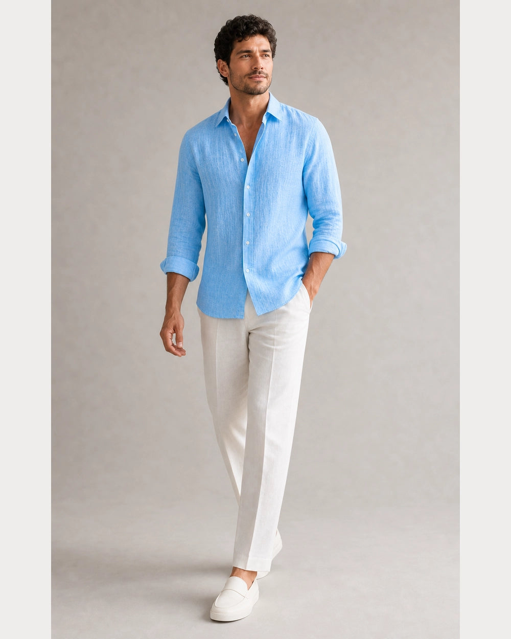 Men's light blue breathable summer shirt, natural walking and drape view.