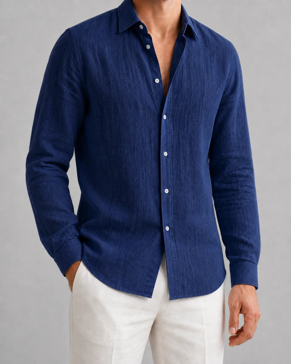 Men's navy breathable long-sleeve summer shirt, front variant view.