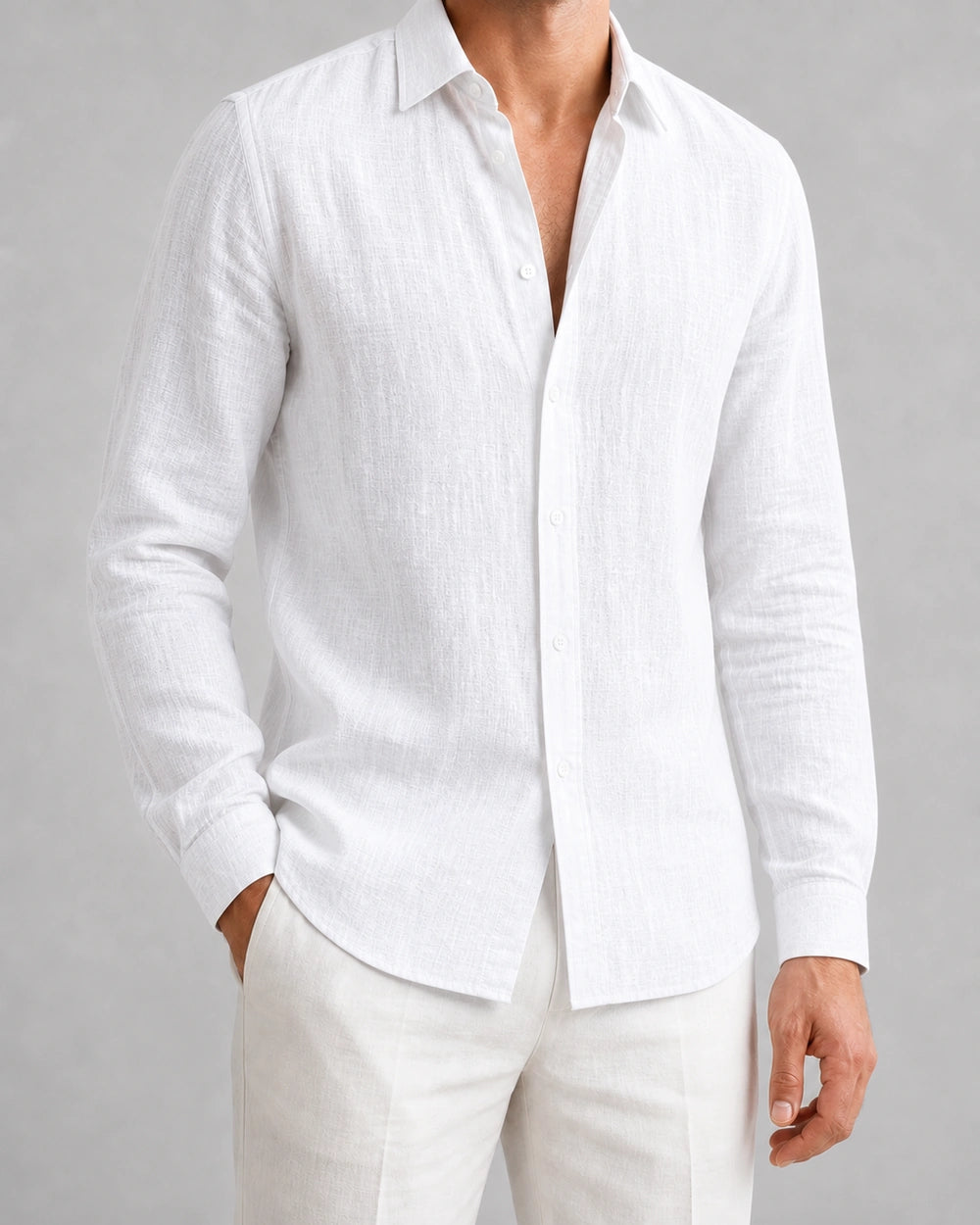 Men's white breathable long-sleeve summer shirt, front variant view.