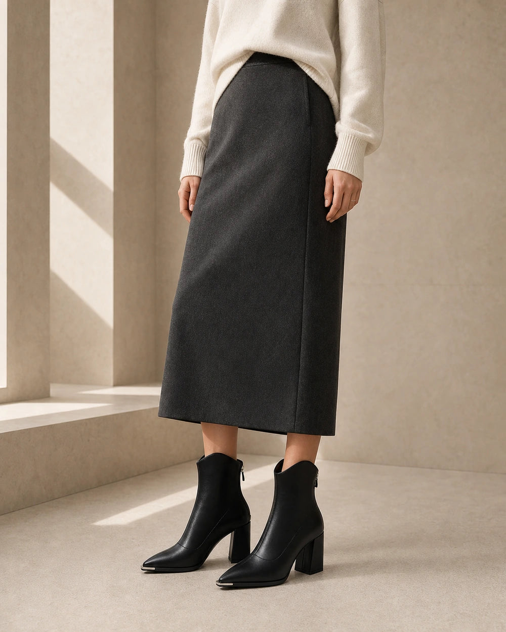 Chrome Toe Pointed Ankle Boots, black silhouette. — merle-black-02-complete-silhouette.webp