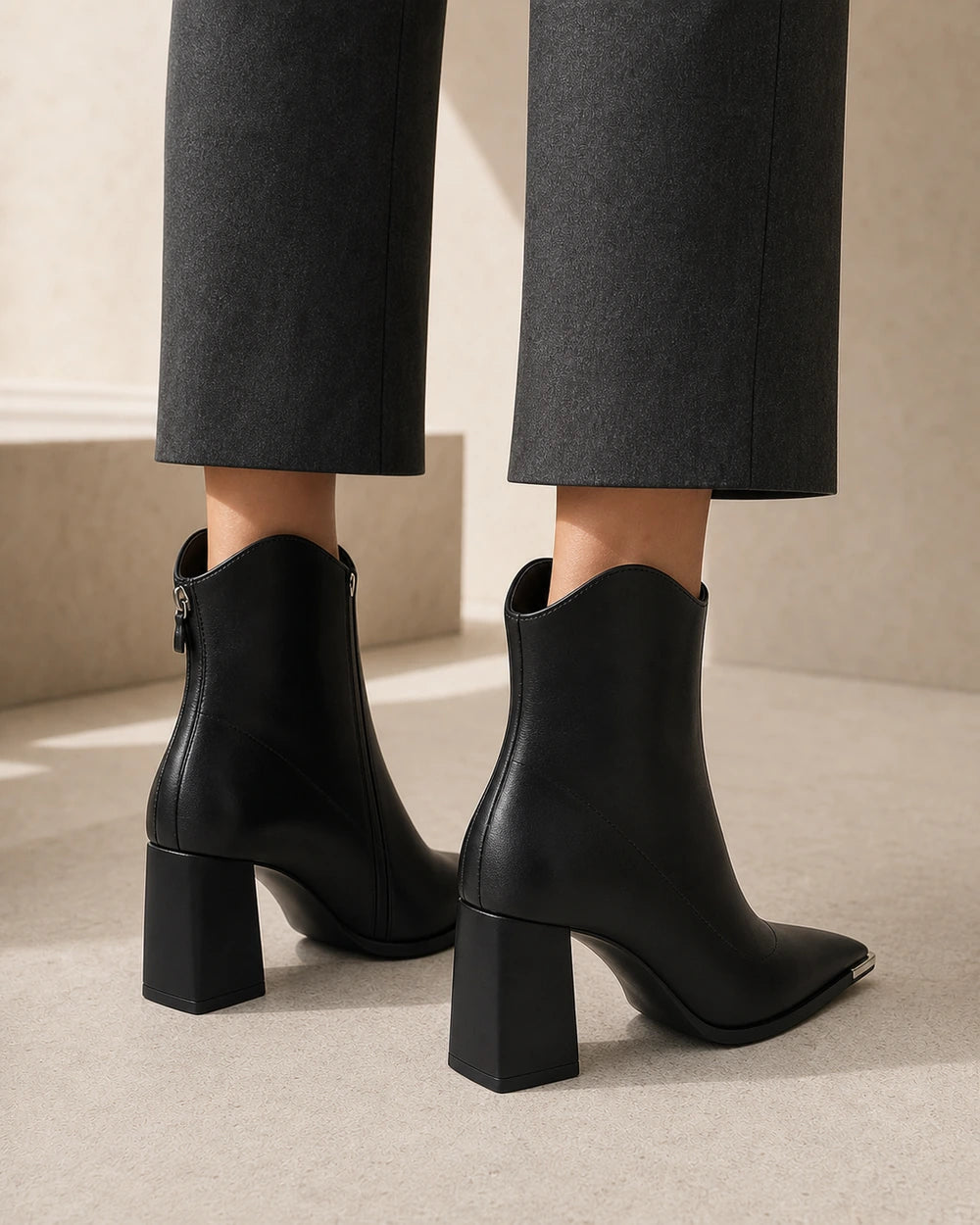 Chrome Toe Pointed Ankle Boots, black rear/top. — merle-black-04-rear-top.webp