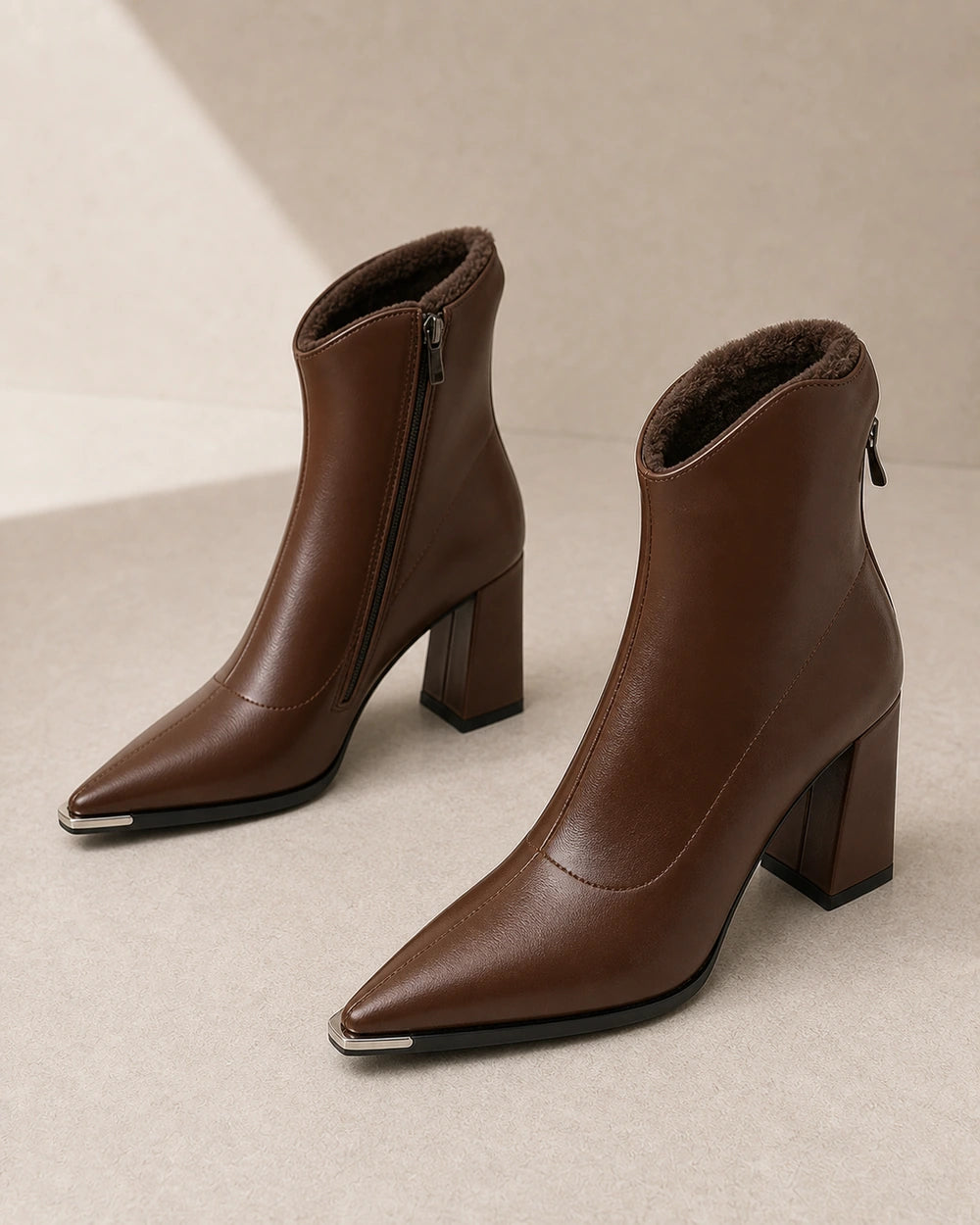 Chrome Toe Pointed Ankle Boots, brown fleece-lined hero. — merle-brown-fleece-08-variant-hero.webp