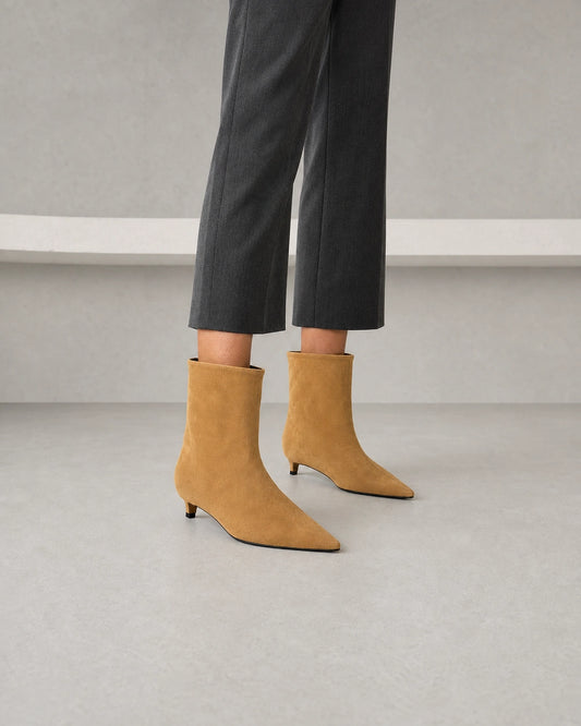 Elegant Pointed Toe Ankle Boots, light brown hero. — mila-light-brown-01-hero-worn.webp