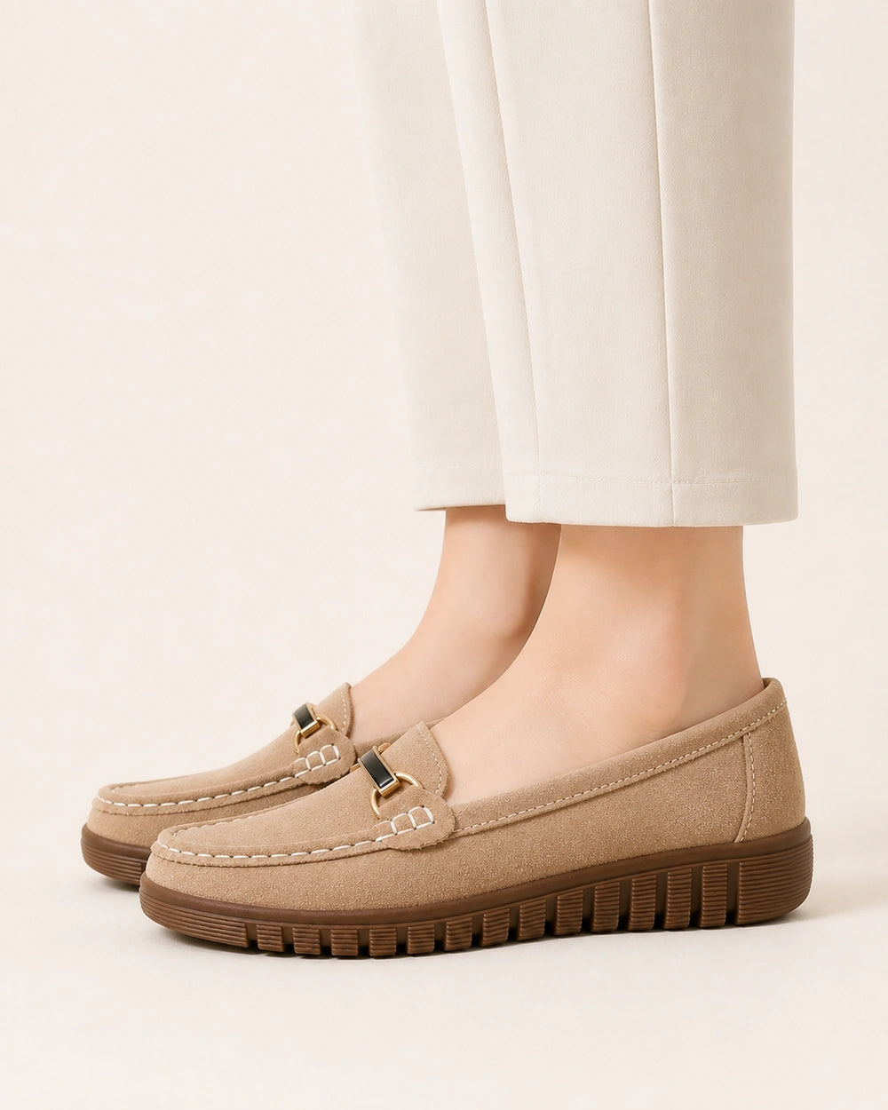 Mocassins femme beiges à semelle chunky et mors — image du produit 4