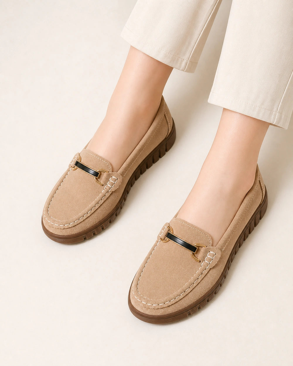 Mocassins femme beiges à semelle chunky et mors — image du produit 5