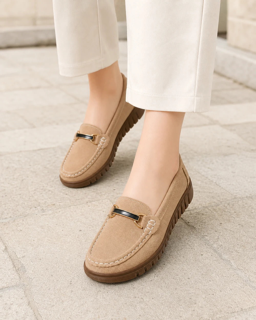 Mocassins femme beiges à semelle chunky et mors — image du produit 7