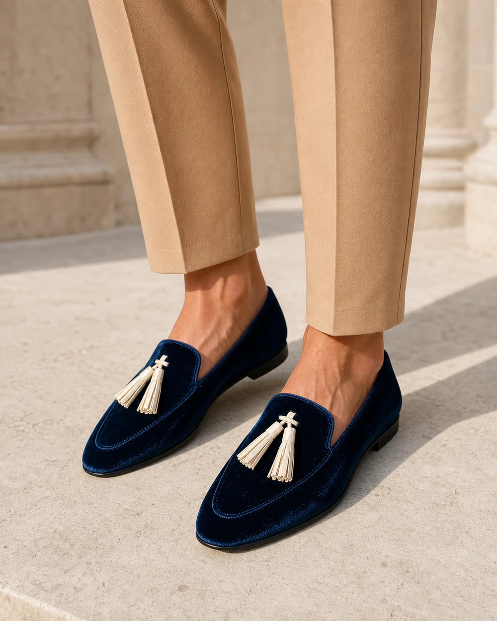 Mocassins femme bleu marine veloutés à pampilles — image du produit 2