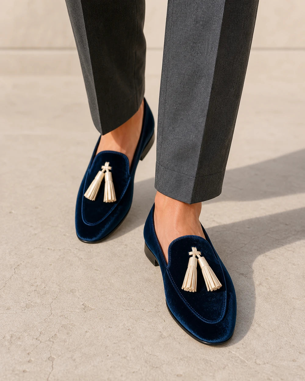 Mocassins femme bleu marine veloutés à pampilles — image du produit 7