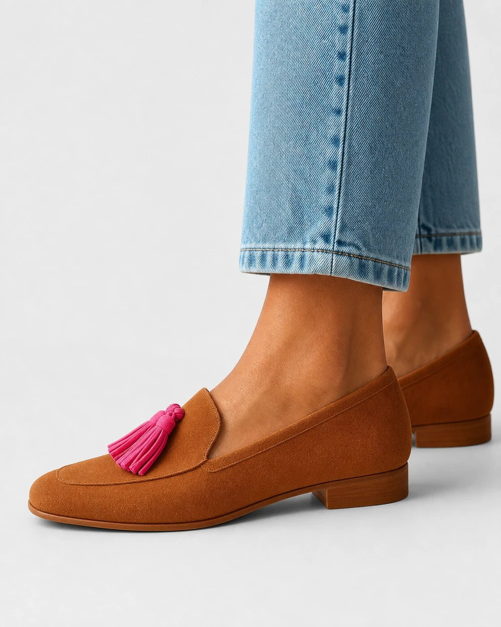 Mocassins femme cognac à pampilles roses — image du produit 4