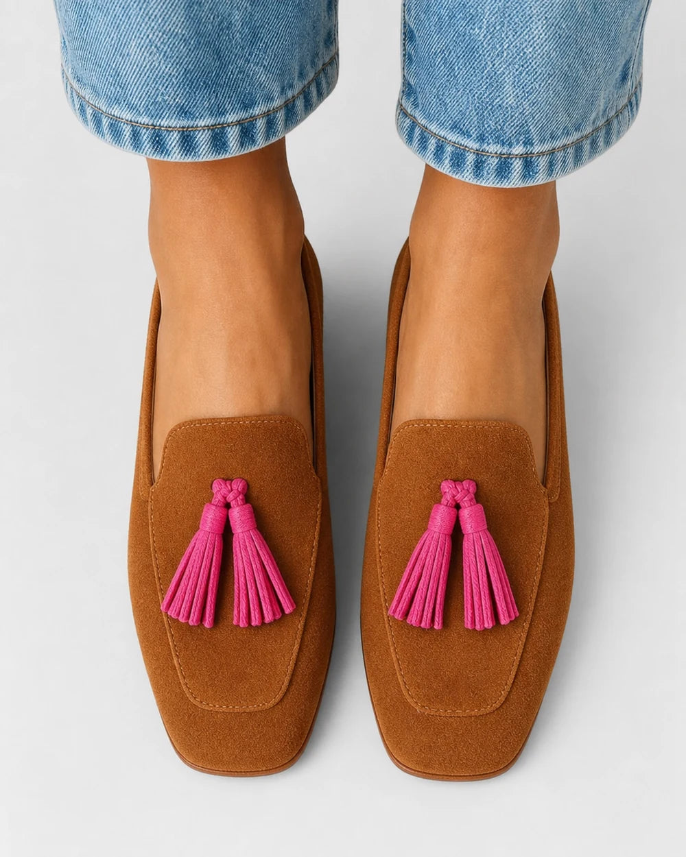 Mocassins femme cognac à pampilles roses — image du produit 5