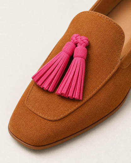 Mocassins femme cognac à pampilles roses — image du produit 6