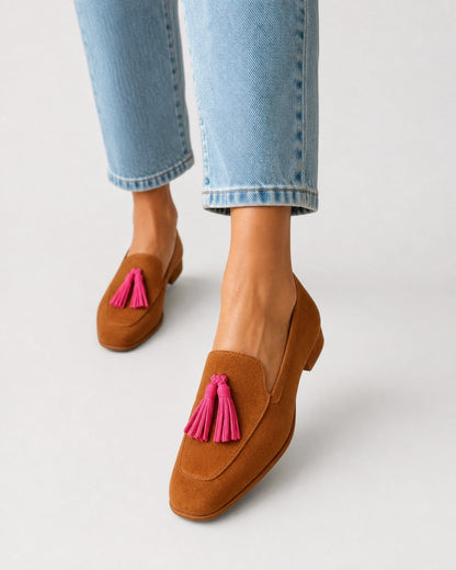 Mocassins femme cognac à pampilles roses — image du produit 7