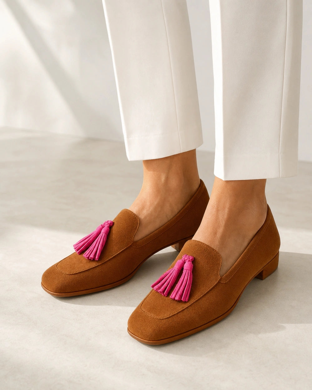 Mocassins femme cognac à pampilles roses — image du produit 8