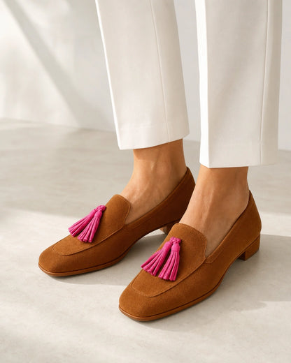 Mocassins femme cognac à pampilles roses — image du produit 8