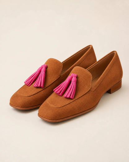 Mocassins femme cognac à pampilles roses — image du produit 9