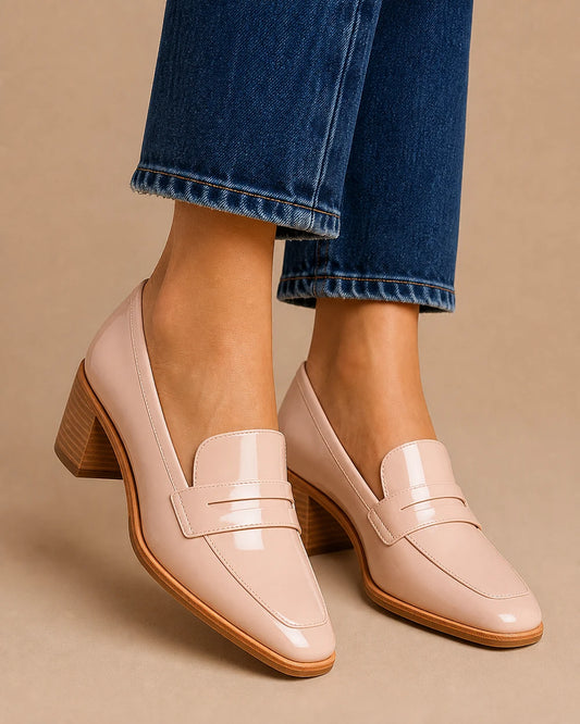 Mocassins femme rose poudré vernis à petit talon — image du produit 1