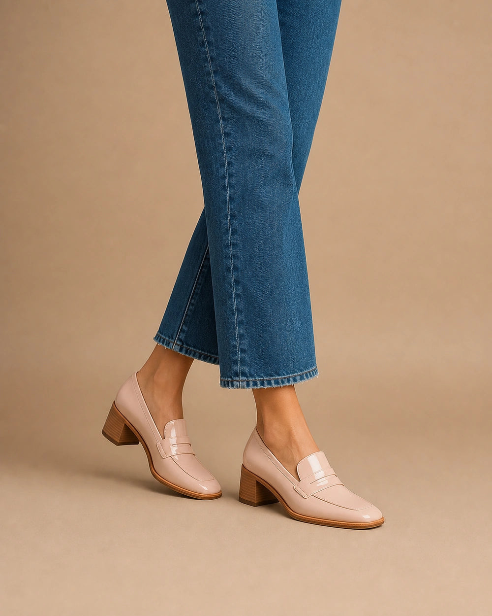 Mocassins femme rose poudré vernis à petit talon — image du produit 2