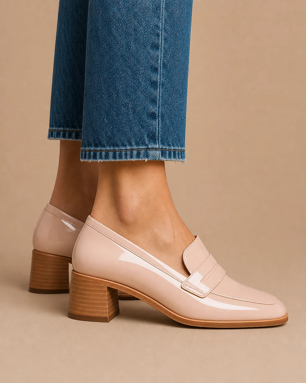 Mocassins femme rose poudré vernis à petit talon — image du produit 4