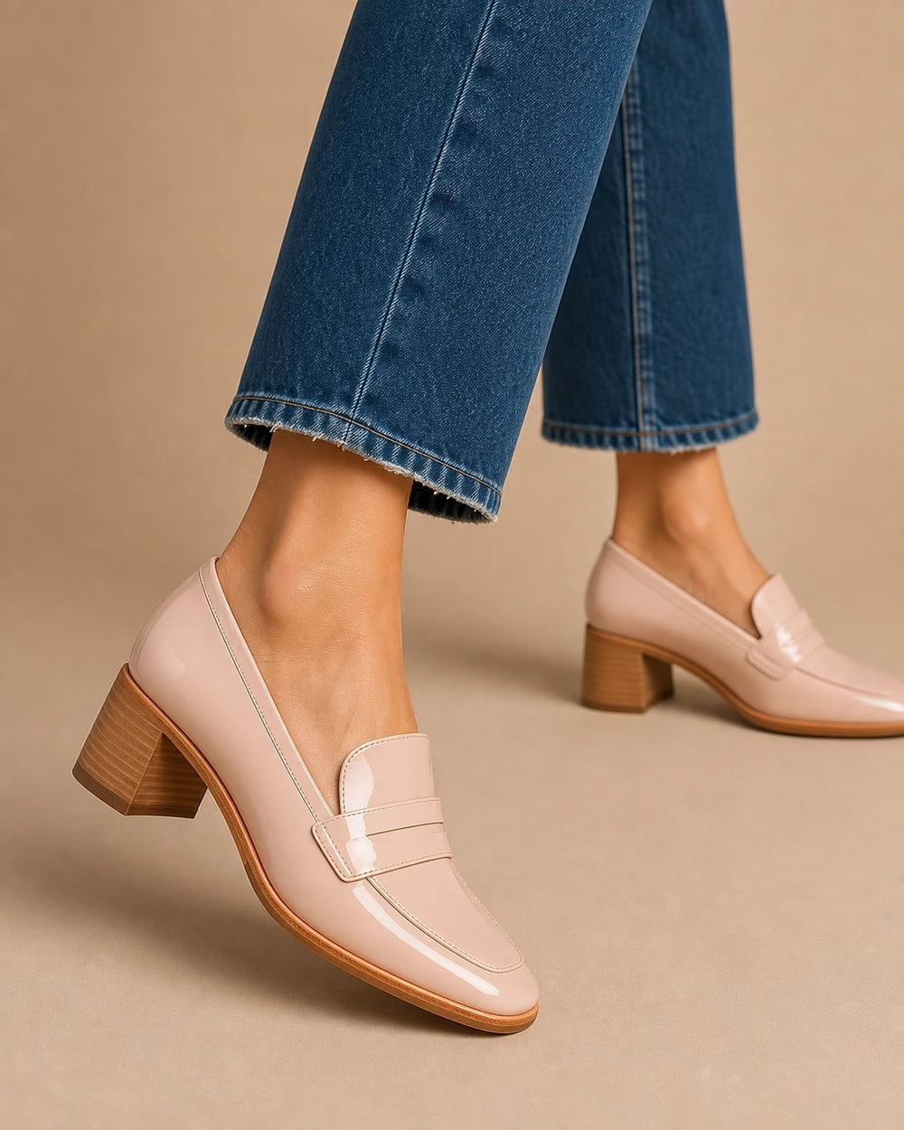 Mocassins femme rose poudré vernis à petit talon — image du produit 7