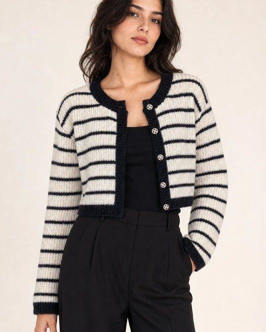 Momount women cream and black striped cropped cardigan, front hero view