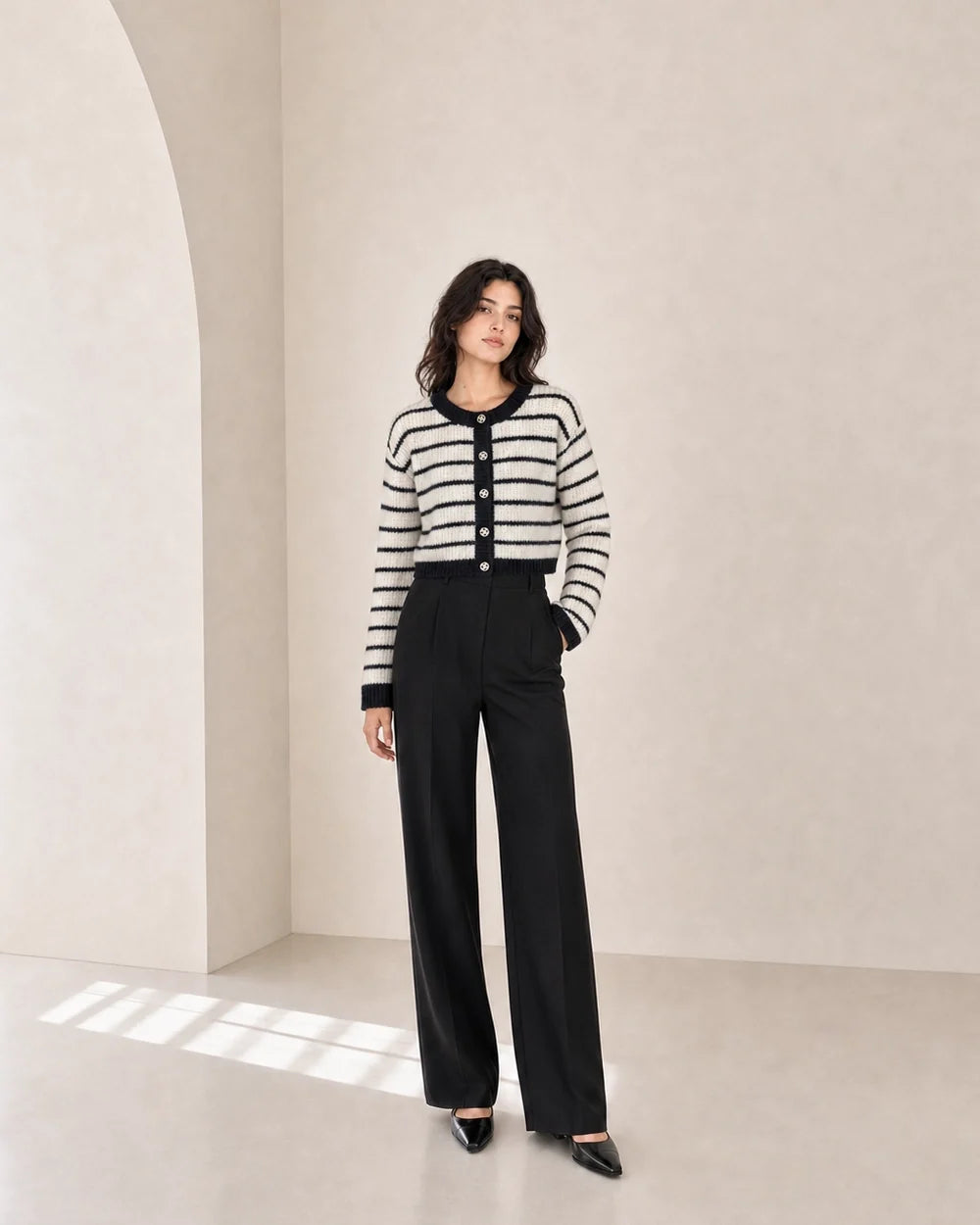 Momount women cream and black striped cropped cardigan, complete silhouette