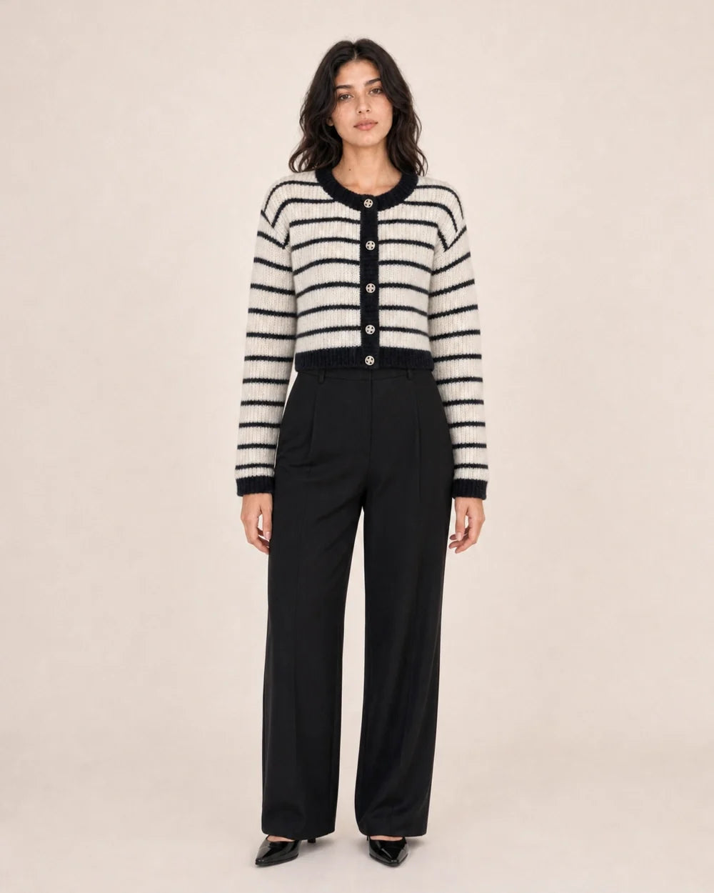 Momount cream and black striped cardigan, straight front fit view