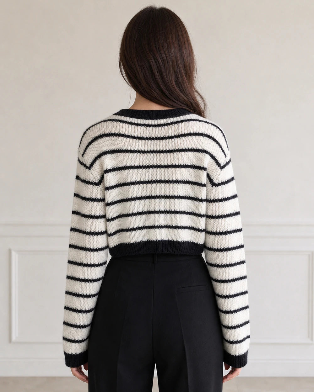 Momount cream and black striped cardigan, back view