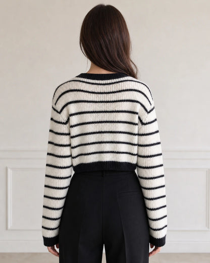 Momount cream and black striped cardigan, back view