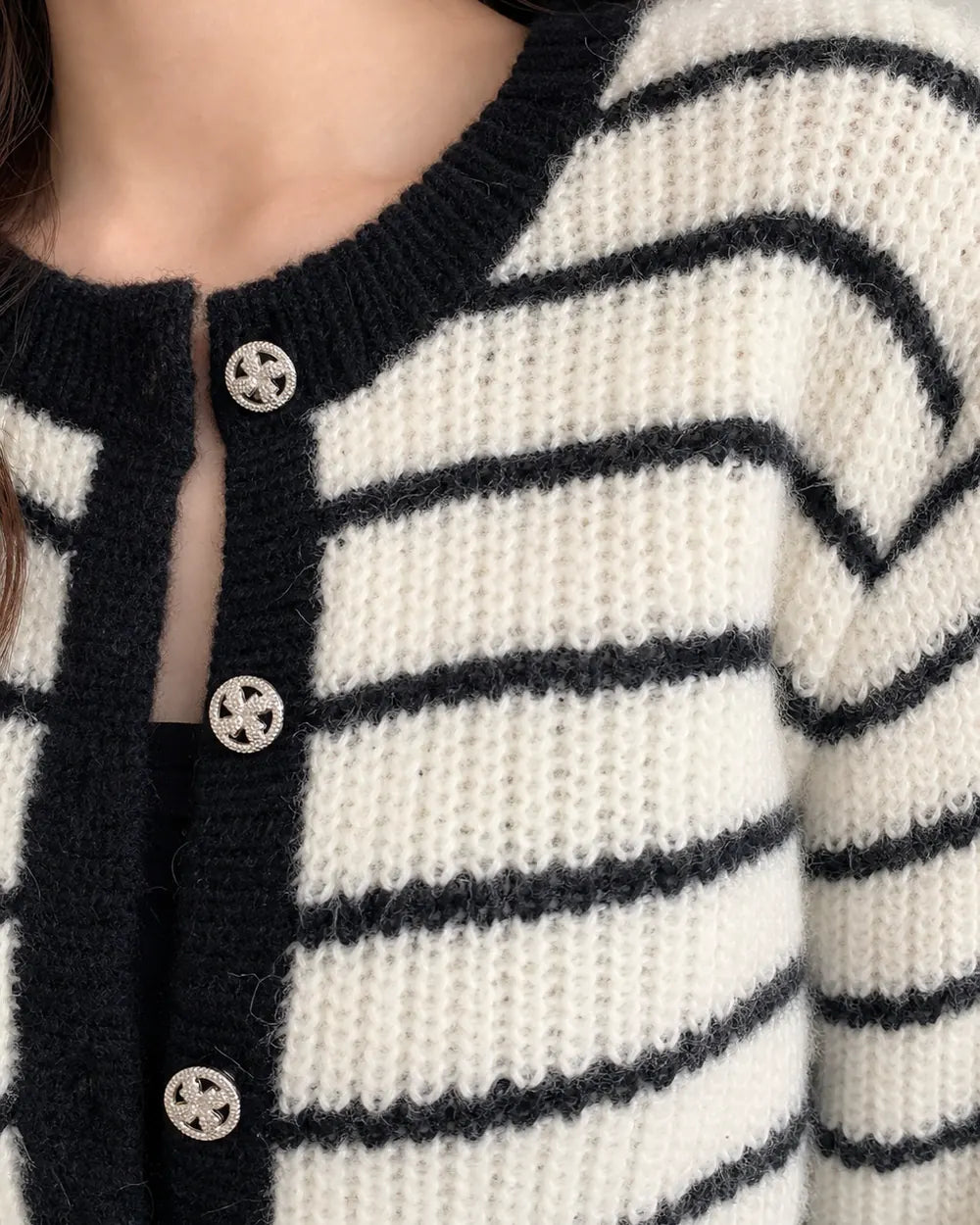 Momount cream and black striped cardigan, trim and button detail
