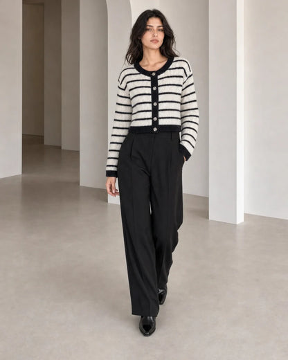 Momount cream and black striped cardigan, walking movement view