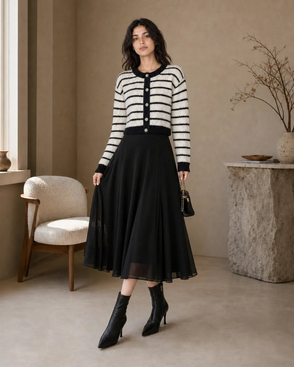 Momount cream and black striped cardigan, elegant second styling view