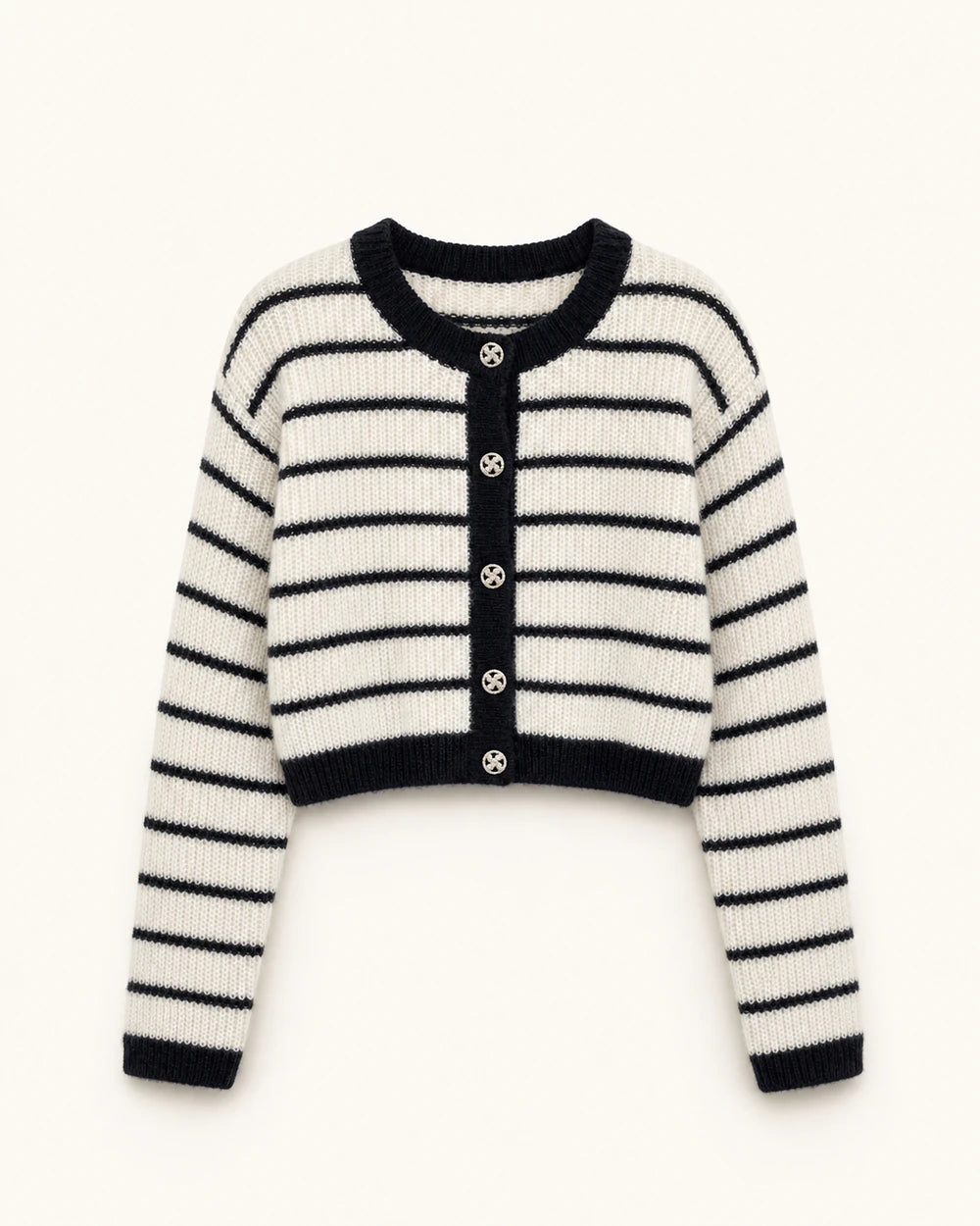 Momount cream and black striped cropped cardigan, product-only view