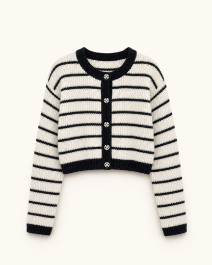 Momount cream and black striped cropped cardigan, product-only view
