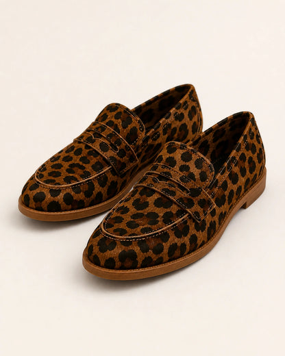 Women's brown leopard penny loafers, 02 gallery view. — momount-elaine-leopard-penny-loafers-02.webp