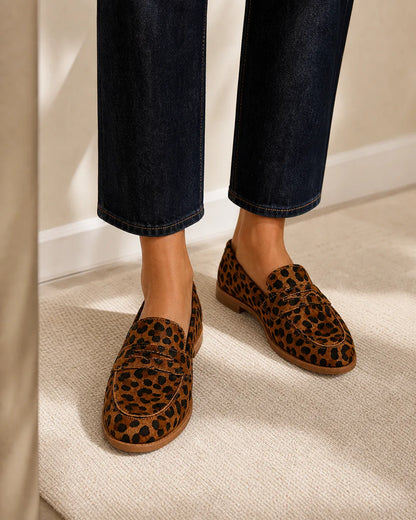 Women's brown leopard penny loafers, 03 gallery view. — momount-elaine-leopard-penny-loafers-03.webp