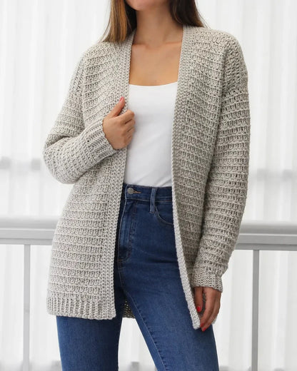 Lightweight grey openwork crochet cardigan for women, front hero view.