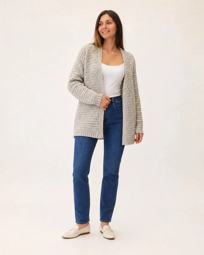 Lightweight grey long-sleeve crochet cardigan, full silhouette.