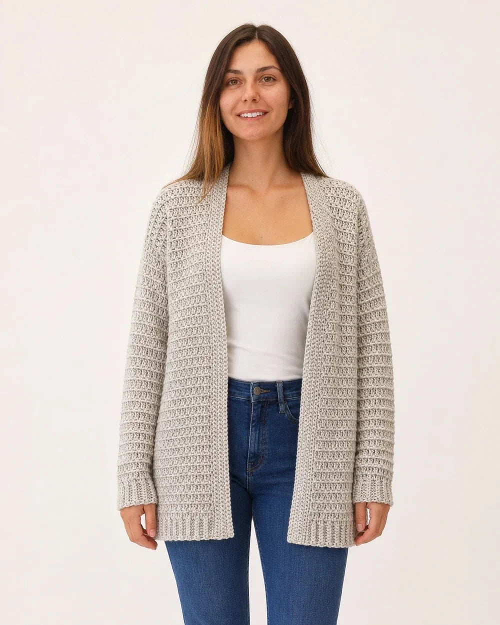Grey relaxed openwork cardigan for women, straight front fit.