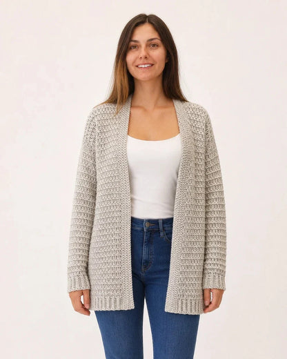 Grey relaxed openwork cardigan for women, straight front fit.