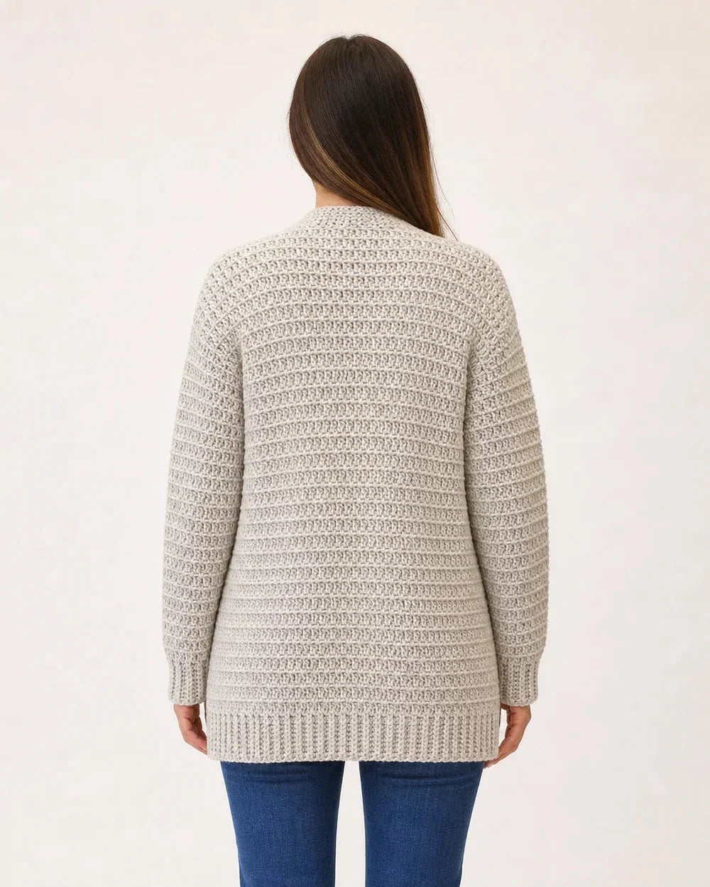 Grey openwork crochet cardigan for women, rear construction view.