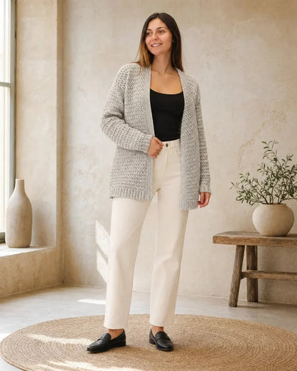 Grey openwork cardigan for women with a second neutral outfit.
